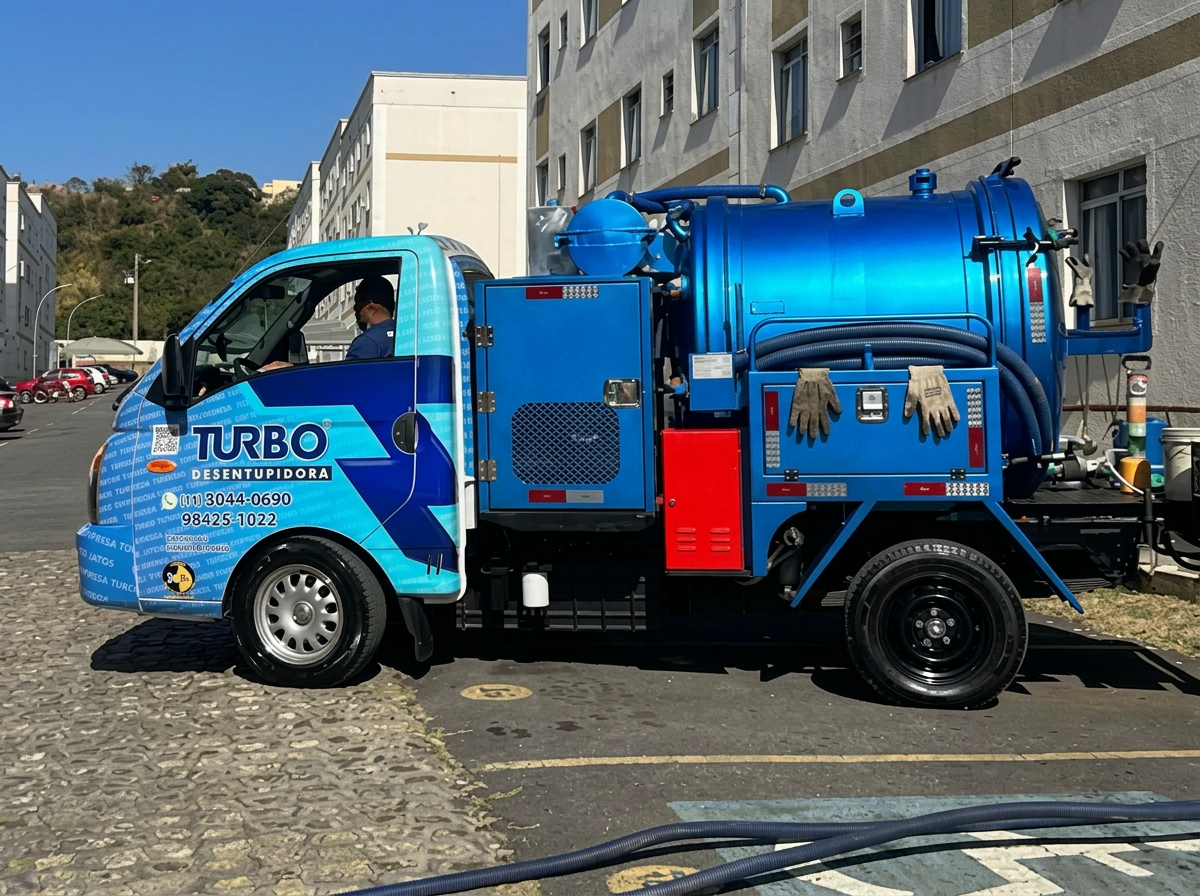 Caminhão auto vácuo da Desentupidora Turbo em atendimento de limpa fossa em Lagoa Santa